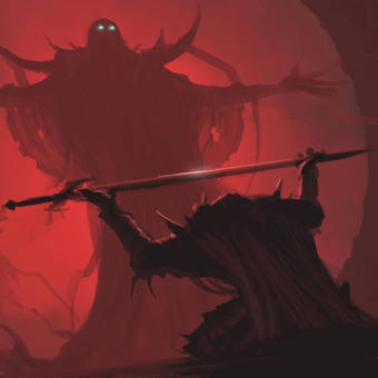 Man giving sword to larger man