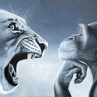 Tiger yelling at pondering monkey